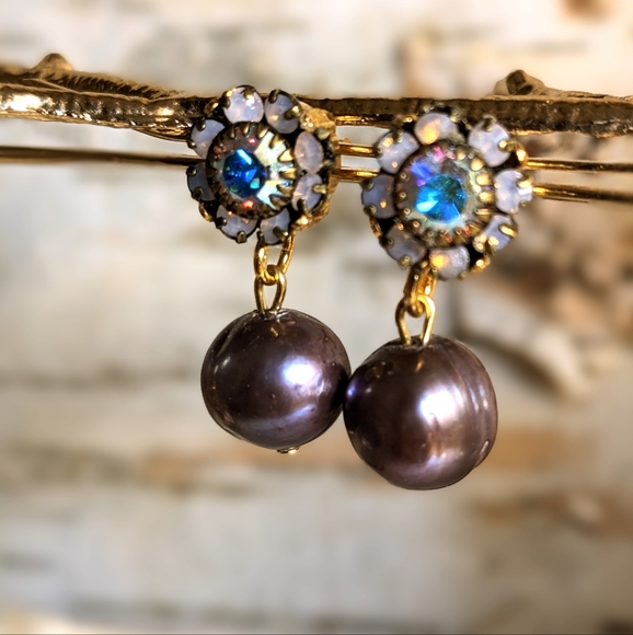 Purple Silver Flower Crystal And Freshwater Pearl Earrings - Picture 2 of 5